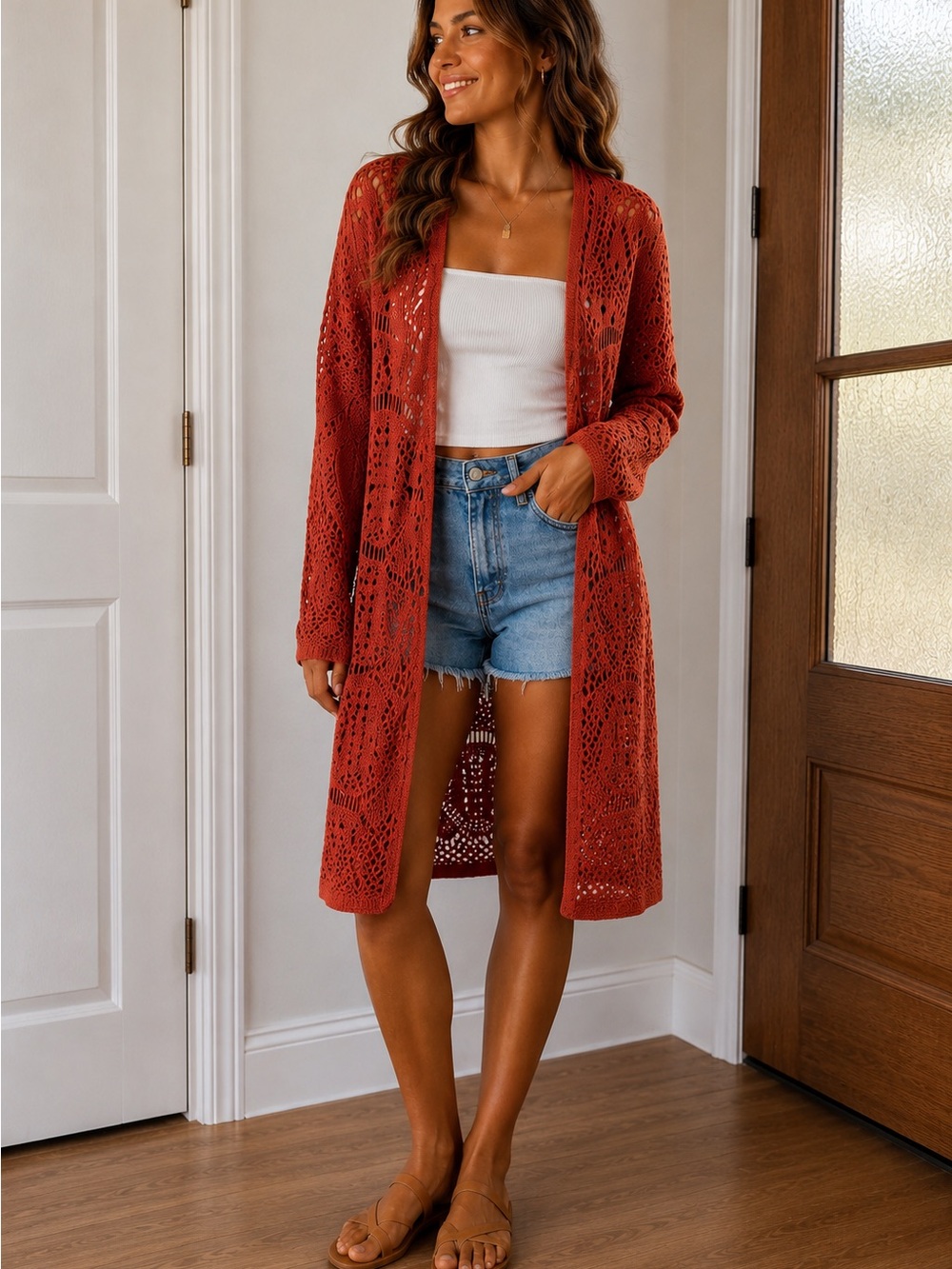 Umgee Open-Front Knit Hole Crochet Cardigan Sweater - Rust Orange Size M/L